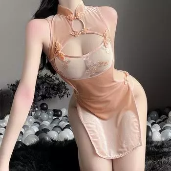 Китайское сексуальное женское белье Cheongsam с перспективной вышивкой Qipao, мини-юбка, зеленый, розовый, женские костюмы для косплея One Size