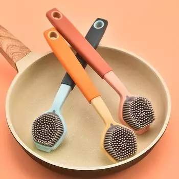 Kitchen Cleaning Brush with Soft Plastic Long Handle and Silicone for Dishes and Pots Decontamination красный
