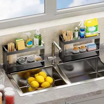 Kitchen Countertop Sink Rag Organizer Cleaning Supply Kitchen Utensils Drainage Storage Organizer Kitchen Sink Rack Organizer