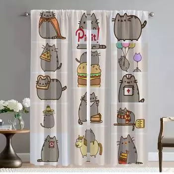 Kitchen Curtains for Camera Kawaii Fat Cat Home Interior Curtains 2 Pieces Window Curtain Tulle for Bedroom Halloween Decoration W50xH70cmx2pcs-CL