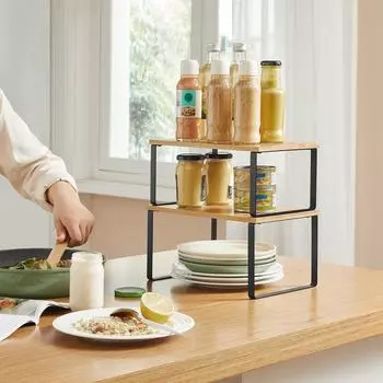 Kitchen iron storage rack, seasoning bowl and plate storage rack, two-layer stackable desktop storage rack, wooden sorting rack