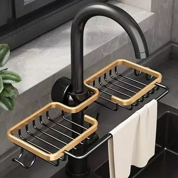 Kitchen Storage Rack Free Stamping Space Aluminium Kitchen Sink Drainage Rack Household Sponge Tap Drainage Hanging Basket Sink чёрный