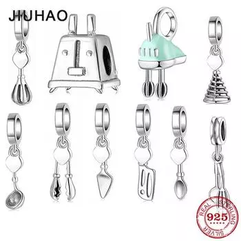 Kitchenware 925 Sterling Silver Pancake Turner Whisk Spatula Pendants Charms Fit Original Designer Charm Bracelet Jewelry Making