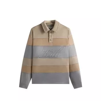 Kith FW24 Stripe Microsuede Tanner Pullover Fall 2024 Collection Lettered American College Style Long Sleeve Polo Shirt Men tops Sand KHM032334-104 XS