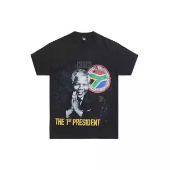 Kith Мужская футболка с круглым вырезом Mandela Day Capsule Collection с портретным принтом, черные топы KH030135-001 XS
