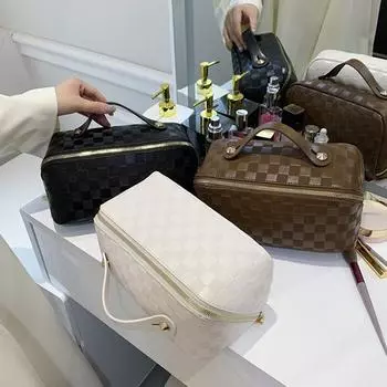 Клетчатая косметичка многофункциональная косметичка из искусственной кожи портативная большая вместимость модная мягкая на молнии для кемпинга походов белый