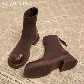Knitting Chunky Women Ankle Boots Fashion Mid Heels Winter Shoes 2025 Trend Designer New Pumps Goth Motorcycle Botas De Mujer 35 чёрный