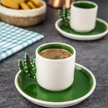 Кофе по-турецки Cactus ручной работы, чашка для эспрессо, зеленая, 2 шт.