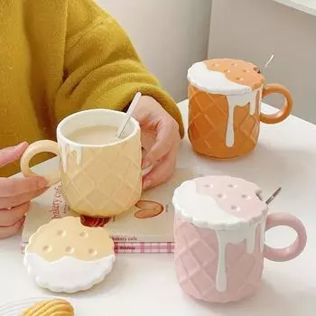 Кофейная кружка с узором печенья, 1 шт., с крышкой и ложкой, 14,2 унции, керамические кофейные чашки, милая кавайная чашка для воды, летняя зимняя посуда для напитков, подарки 420ml