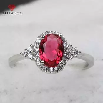 Кольца BELLA BOX для женщин с рубинами круглой формы, драгоценные камни Aaa, циркон, серебряные украшения, женский подарок на вечеринку 6 красный
