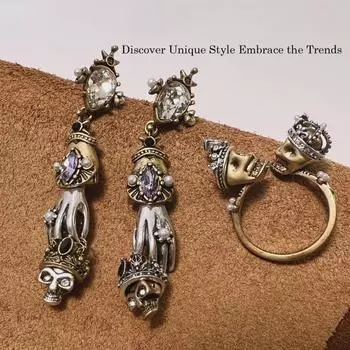 Кольца и серьги Mai Jia Antique Bronze в виде головы привидения: Винтажная микроинкрустация, тяжелый панк-стиль, популярные аксессуары.