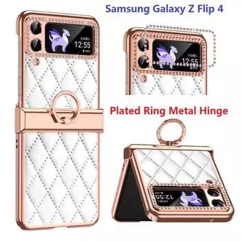 Кольцевой шарнир для Samsung Galaxy Z Flip 4, чехол с ромбовидным покрытием, кожаная подставка, твердый переплет Case & Holder белый
