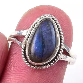 Кольцо из чистого серебра 925 пробы с натуральным лабрадоритом ручной работы, размер 6 p7B84