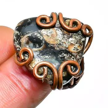Кольцо из медной проволоки ручной работы с драгоценными камнями Turritella Fossil, размер 5,5