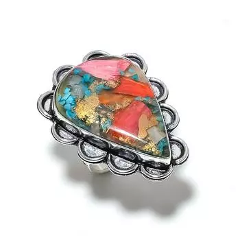 Кольцо из серебра 925 пробы с натуральным колючим камнем-устрицей, размер 6, V7H32