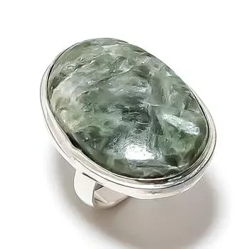 Кольцо из серебра 925 пробы с натуральным драгоценным камнем серафинитом ручной работы S.7 i6n04