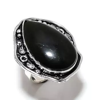 Кольцо из серебра 925 пробы с натуральным черным обсидианом, размер 9, V0Z09