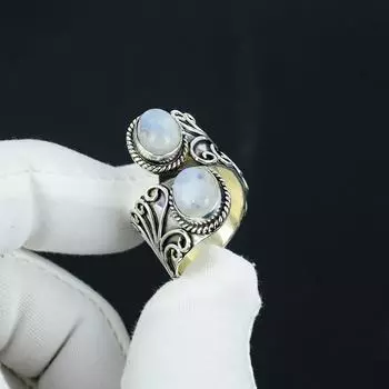Кольцо из серебра 925 пробы с натуральным лунным камнем, регулируемое по размеру — подходит для размеров США от 6 до 10 — украшения ручной работы в стиле бохо для женщин и мужчин, подарки на День святого Валентина Adjustable белый