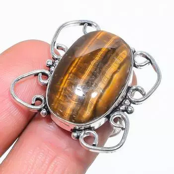 Кольцо из серебра 925 пробы с натуральным тигровым глазом, размер 8, h7l70