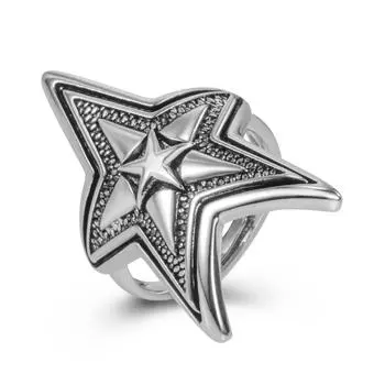 Кольцо из серебра 925 пробы, тайское серебро, черное двухслойное перекрывающееся пятиконечное кольцо в виде открытой звезды, мужское модное кольцо в стиле панк-ретро в стиле рок-звезда one size