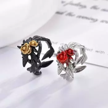 Кольцо из серебра S925 в корейском стиле, простое модное кольцо из черного золота с виноградной лозой, новое литьевое кольцо с красной розой one size белый