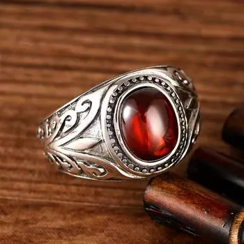 Кольцо из стерлингового серебра 925 пробы, мужское кольцо с драгоценным камнем из черного агата и красного граната с узором виноградной лозы 23