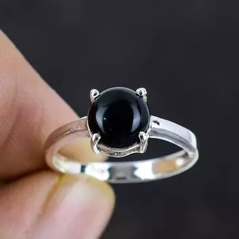 Кольцо с черным ониксом, дизайнерское кольцо ручной работы, кольцо ручной работы, кольцо из серебра 925 пробы, кольцо для установки зубца, стопорное кольцо 5