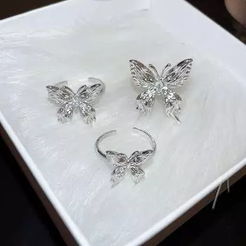 Кольцо с цирконом в форме бабочки: Корейские модные украшения для указательного пальца Small серебряный