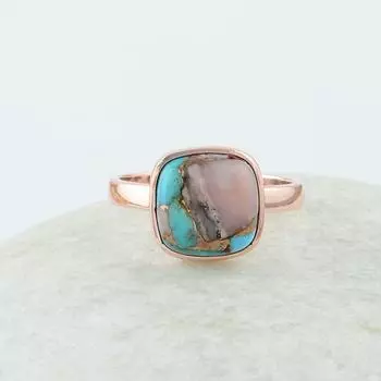 Кольцо с драгоценным камнем Oyster Copper и бирюзой, многослойное кольцо, кольцо из розового золота, ювелирные изделия ручной работы, подарки на день рождения, подарки для мамы, серебро 925 пробы 5