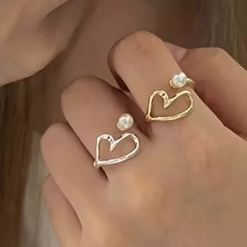 Кольцо с полым жемчугом в форме сердца для женщин, регулируемое кольцо на указательный палец, помолвочные украшения, женские аксессуары, подарки серебряный