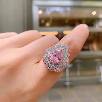 Кольцо с розовым бриллиантом, слегка оправленное кольцо грушевидной формы, цветные украшения, ретро-украшения, кольцо с преувеличенным цирконием для женщин