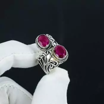 Кольцо с рубином из серебра 925 пробы с кашмирским узором, регулируемое — подходит для размеров США от 6 до 10 — антикварные украшения ручной работы в стиле бохо для женщин и мужчин, подарки на День святого Валентина Adjustable розовый