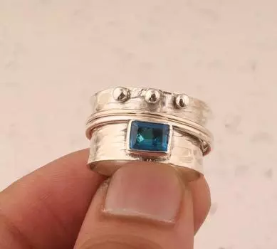 Кольцо Spinner Band с синим топазом и драгоценным камнем, твердое кольцо из стерлингового серебра 925 пробы, подарок унисекс, кольцо ручной работы, юбилейные украшения 6