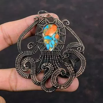 Колючая устрица, медная бирюзовая подвеска, медная проволока, обернутая подвеской в виде осьминога, подвеска ручной работы с драгоценным камнем, дизайнерские медные украшения, подарок на годовщину