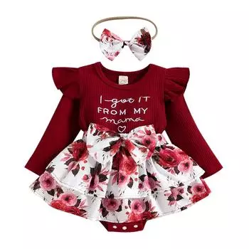 Комбинезон для маленьких девочек, платье-пачка с вышивкой букв, трикотажные боди в рубчик с цветочным принтом и оборками, боди-пачка с бантом на голову 0-6 Months вино красного