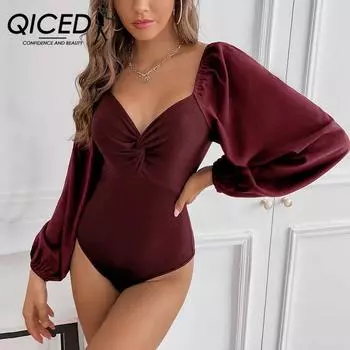 Комбинезон QICED с французским узлом и v-образным вырезом и длинными рукавами, комбинезон в корсетном стиле, женский комбинезон S бордовый