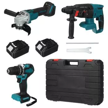 Комбинированный комплект Drillpro High Power 3-в-1 Угловая шлифовальная машина 1600 Вт с 3 передачами 4-функциональный электрический перфоратор 2-скоростная электрическая дрель с высоким крутящим моментом, литиевая