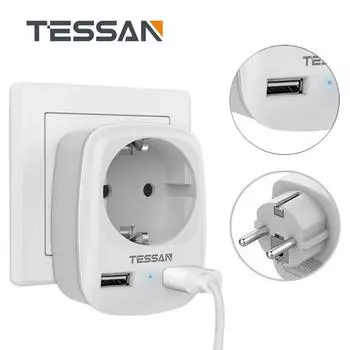 Компактная розетка TESSAN с 2 портами USB, адаптером европейского стандарта 3 в 1 с защитой от перегрузки для офиса, дома, путешествий 1 Outlet & 2 USB Ports серый