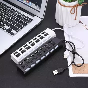 Компактный USB 2.0 адаптер-концентратор с 7 портами, универсальный, широко совместимый, светодиодный, высокоскоростной, с функцией включения/выключения питания, USB-разветвитель чёрный