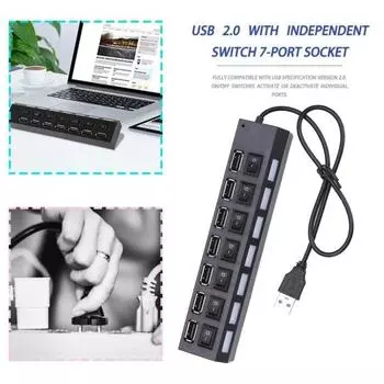Компактный USB 2.0 адаптер-концентратор с 7 портами, универсальный, широко совместимый, светодиодный, высокоскоростной, с функцией включения/выключения питания, USB-разветвитель чёрный