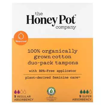 Компания Honey Pot Company, тампоны из 100% органически выращенного хлопка, двойная упаковка, обычные и суперабсорбирующие, 18 штук