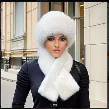 Комплект из 2 предметов/1 женский, утепленная шапка из искусственного меха и шарф - полиэстеровый трикотаж, зимние утеплители для ушей с застежкой-кнопкой, модный монгольский стиль 1set слоновая кость