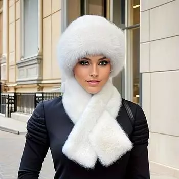 Комплект из 2 предметов/1 женский, утепленная шапка из искусственного меха и шарф - полиэстеровый трикотаж, зимние утеплители для ушей с застежкой-кнопкой, модный монгольский стиль 1set слоновая кость