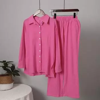 Комплект из 2 шт./компл., рубашка и брюки, однобортный, свободный, с эластичной резинкой на талии, с широкими лацканами и длинными рукавами, однотонный, мягкий, дышащий, плиссированный, блузка, комплект с брюками M розы красного