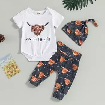 Комплект из 3 предметов для мальчиков, штаны, белый комбинезон с короткими рукавами и принтом головы коровы, штаны и шапка, летняя одежда 3-6 Months белый
