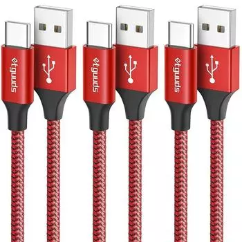[Комплект из 3 шт.] USB-кабель типа C [1 м/1 м/2 м] кабель типа C, красный, быстрая зарядка QC3.0 USB, высокоскоростная передача данных, прочный нейлон, iPhone15 series, FireHD 8 10