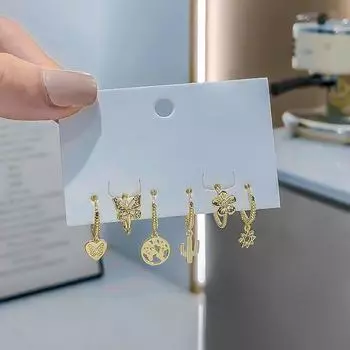 Комплект из 6 серег из стерлингового серебра 925 пробы с сердечками, бабочками, цветами и солнцем, женские серьги-кольца оптом золотистый
