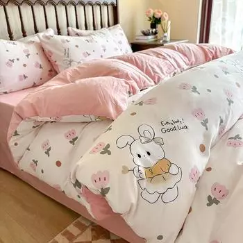 Комплект из четырех предметов из хлопка и льна в пасторальном стиле, простыня и пододеяльник из двухслойной марли класса А, пододеяльник для студенческого общежития из трех предметов 1.2m three-piece set