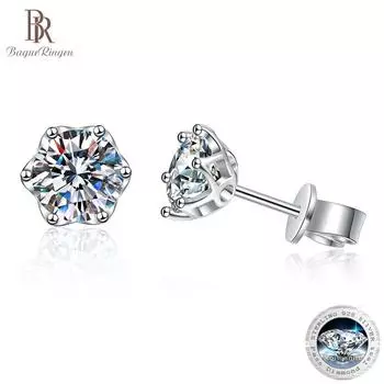 Комплект из стерлингового серебра 925 пробы Bague Ringen с серьгами из муассанита 0,5 карата/1 карата/2 карата, женские серьги с шестью когтями и лепестками роз с одним бриллиантом 0.5ct белый