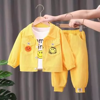 Комплект из трех предметов, весенний костюм для мальчиков 0-3 лет, однотонный свободный повседневный костюм, пальто, леггинсы 80 жёлтый